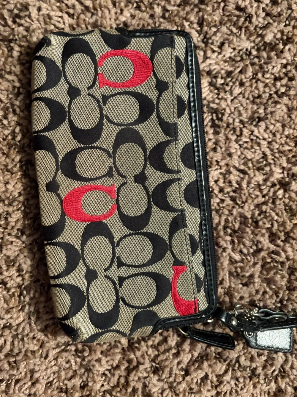 Coach Signature Canvas Wristlet in Khaki, Black & Red Accents